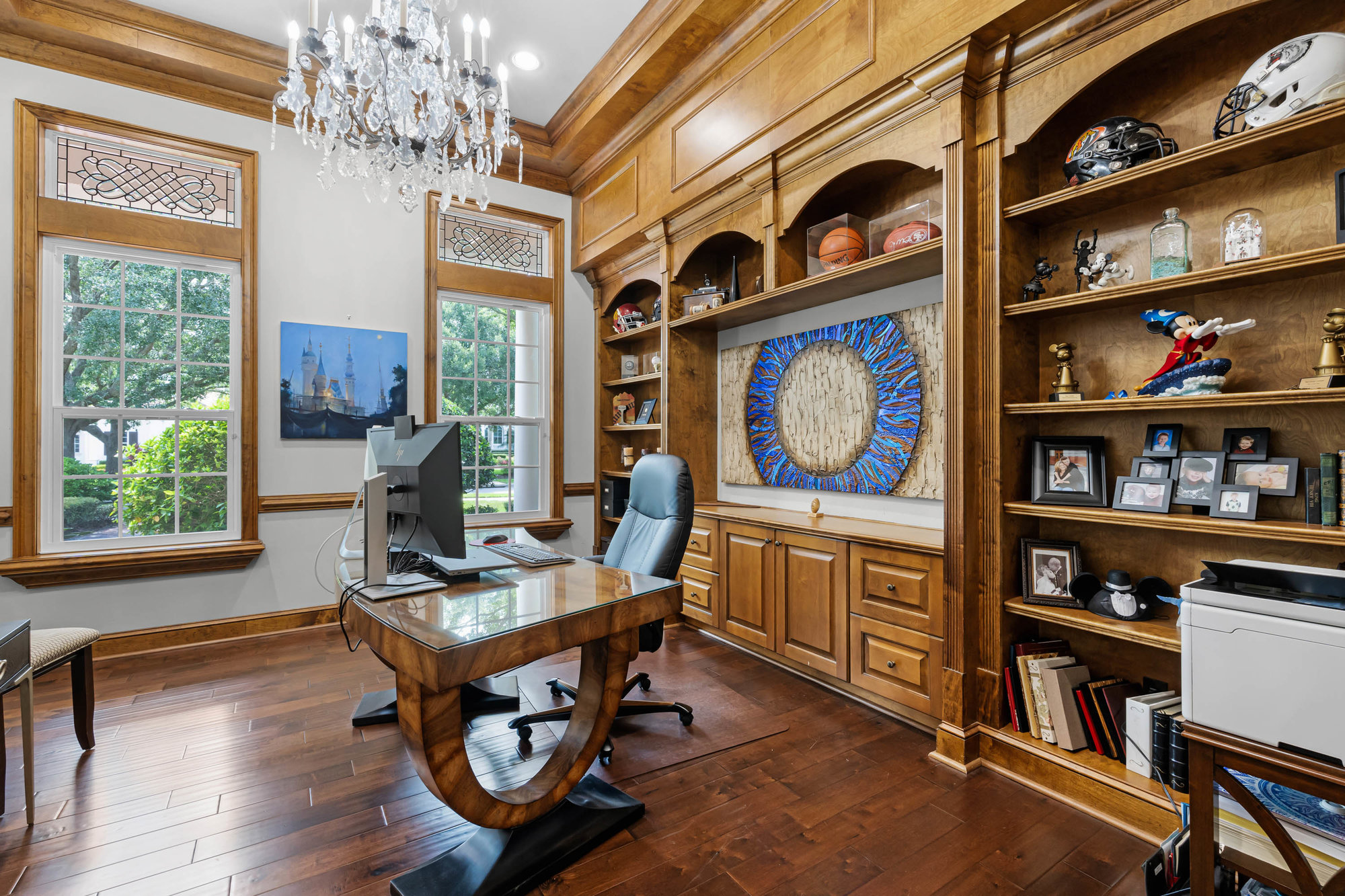 office with desk and wooden built in shelves